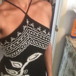 BCBG MAXAZRIA Embroidered Linen Halter Dress